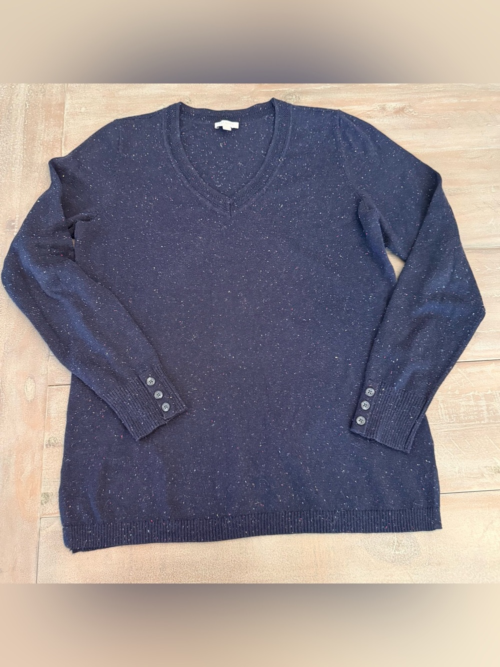 EUC Talbots Navy Blue Pullover Sweater Speckled V-neck Womens Sz S Button Cuffs